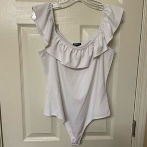 White Express ribbed ruffle thong bodysuit, Size Large
